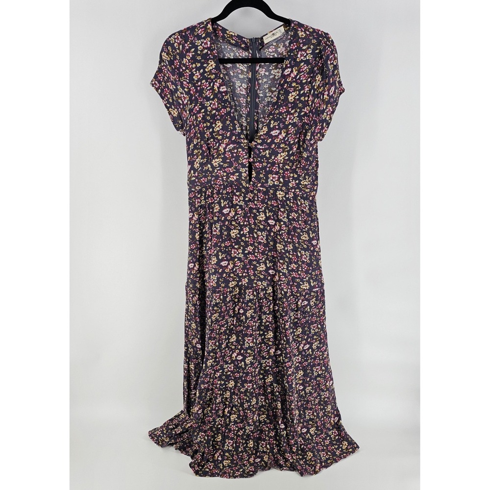 Natural Life Maxi Dress S Purple Floral Tiered V-Neck Boho Summer Garden Party